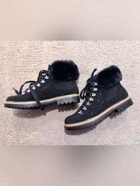 INC Rhinestones Black Crystal Lace-Up Faux Fur Ankle Boots 044